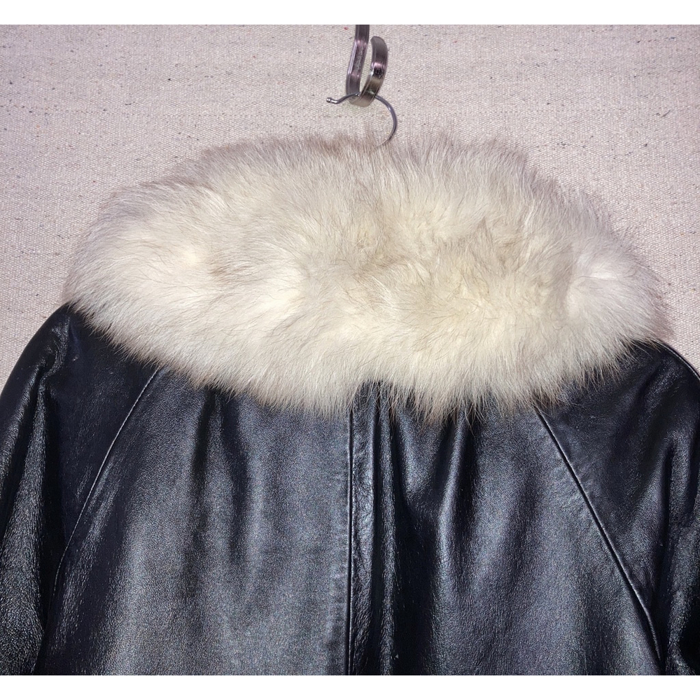 Vintage 60s Leather Penny Lane Fox Fur Collar Front Cuffs Trim Swing Coat Jacket - Picture 4 of 16